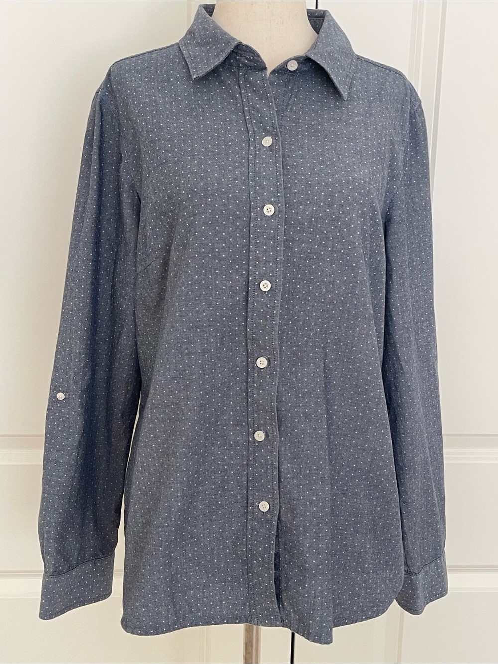 100% Cotton Blue (L) Micro-Dot Long-Sleeve Button-Down Shirt by Dalia Collection